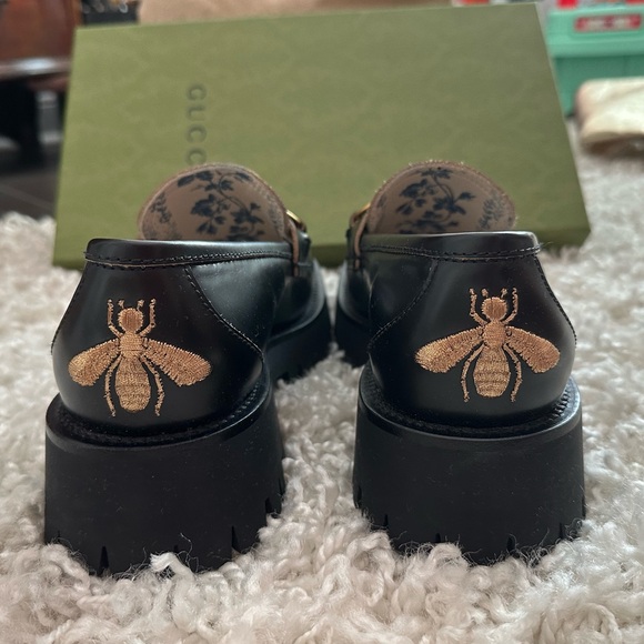 NEW IN BOX GUCCI Horsebit-detailed metallic embroidered leather platform loafers - Picture 4 of 9